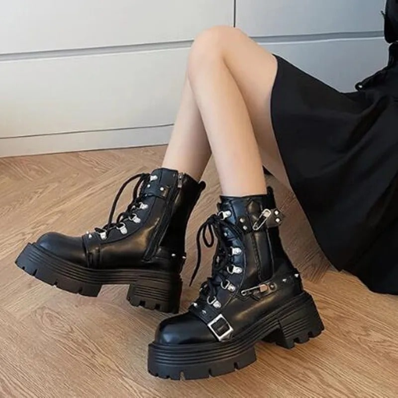 VilyVital™ Women's Gothic Platform Biker Boots – Patent Leather Chunky Heel Ankle Boots