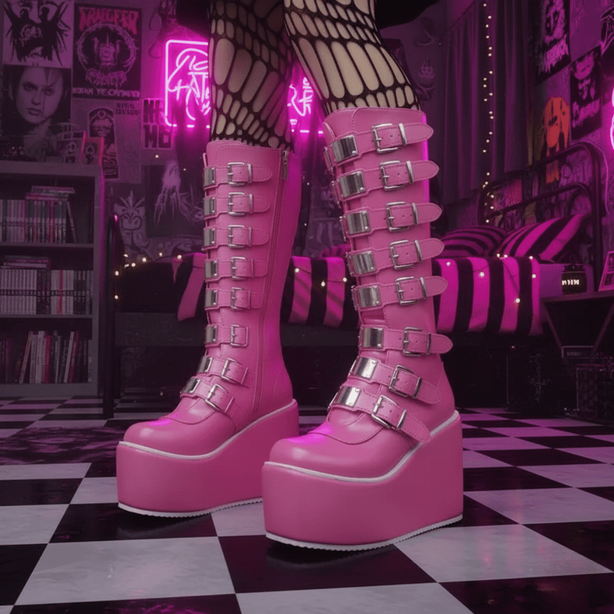 VilyVital | Gothic Buckle Strap Platform Wedge Boots- Ladies Mid-Calf Ugly & Weird Boots