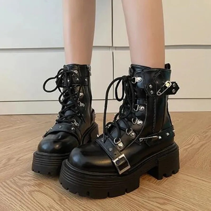 VilyVital™ Women's Gothic Platform Biker Boots – Patent Leather Chunky Heel Ankle Boots