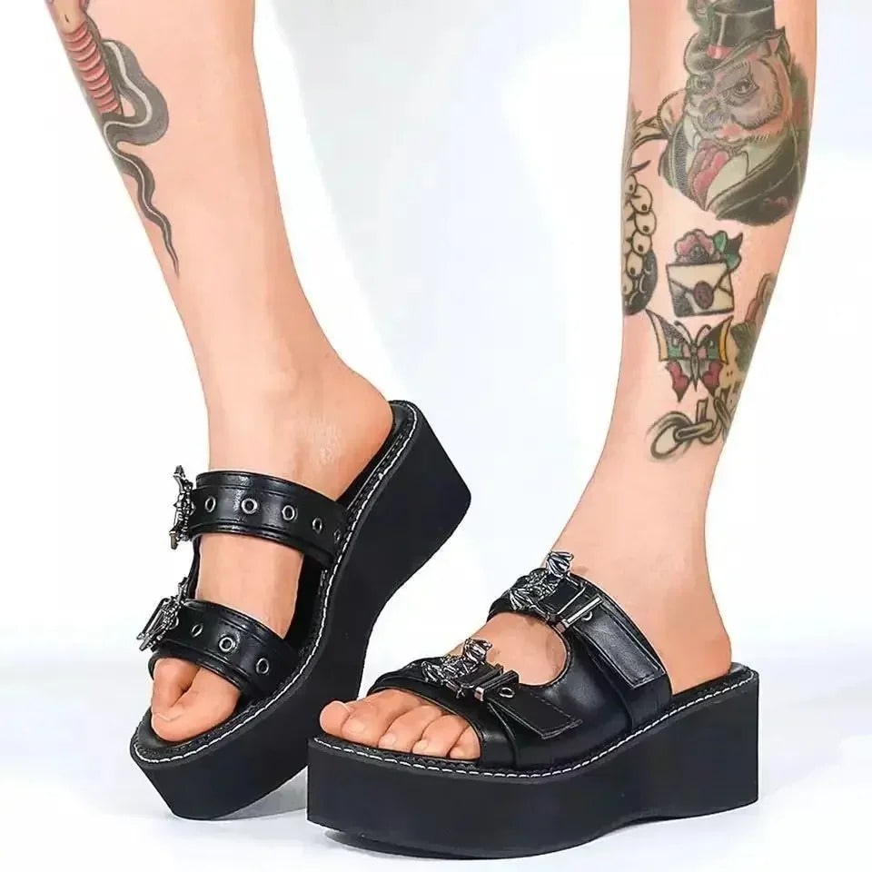 Black Gothic Platform Sandals: Chunky Buckle Wedge Slides for Women - VilyVital