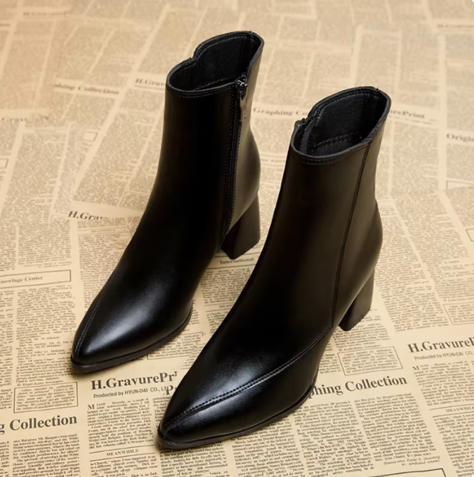 VilyVital™ Women’s Soft Leather Square Toe Ankle Boots - Comfortable High Heel Zipper Boots