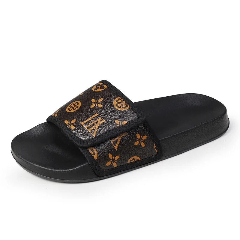 Side view of VilyVital men’s summer brown leather sandals with grey print