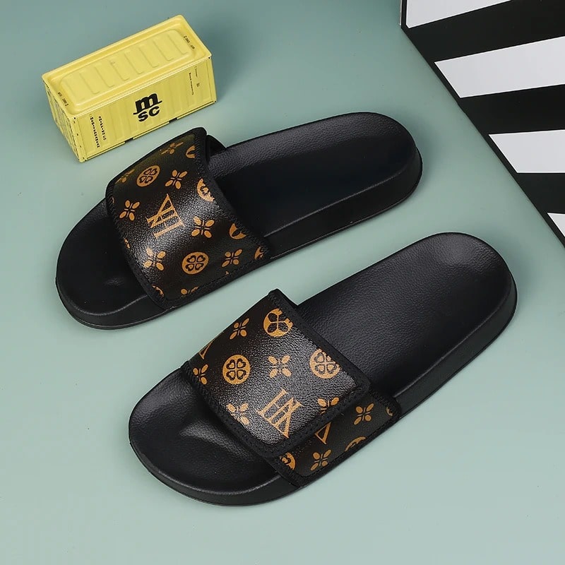 VilyVital brown leather slide sandals with grey pattern displayed on flat surface