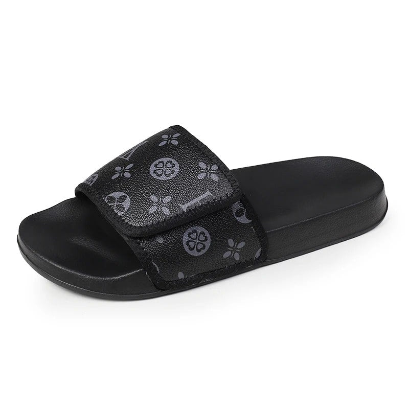 Side view of VilyVital men’s summer black leather sandals with grey print